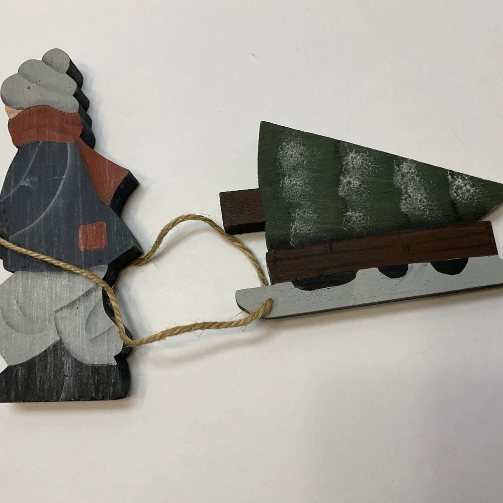 Vintage Christmas‎ Handmade Wooden Folk Art Kids Building Snowman & Pulling Tree